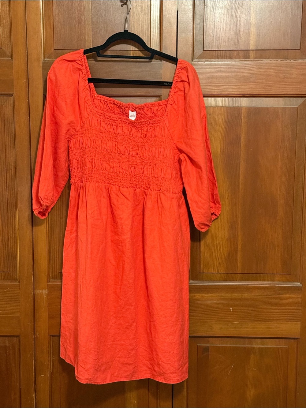 Maternity Dress Smocked Tomato Red Midi Dress Square Neck Puff Sleeve Pockets